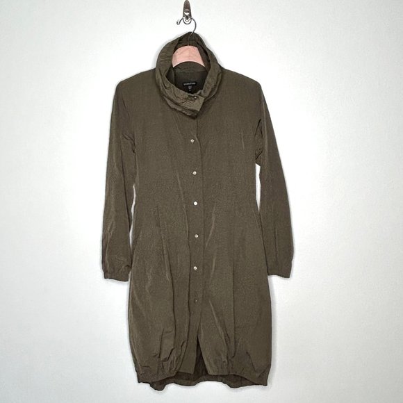 Eileen Fisher Bubble Hem Funnel Neck Belted Trench Coat Jacket Olive Size XS - Picture 5 of 13